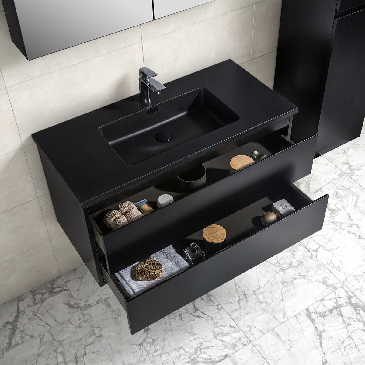 Badkamermeubel Tieme in mat zwart 100x50x48cm met zwarte wastafel