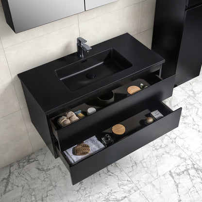 Badkamermeubel Tieme in mat zwart 100x50x48cm met zwarte wastafel