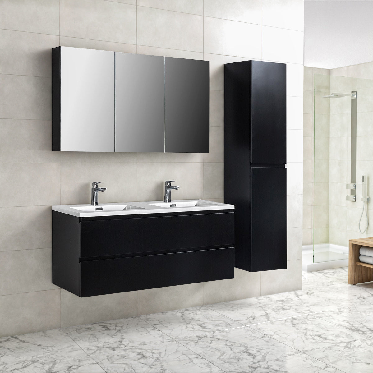 Badkamermeubel Tieme in mat zwart 120x50x48cm met witte wastafel