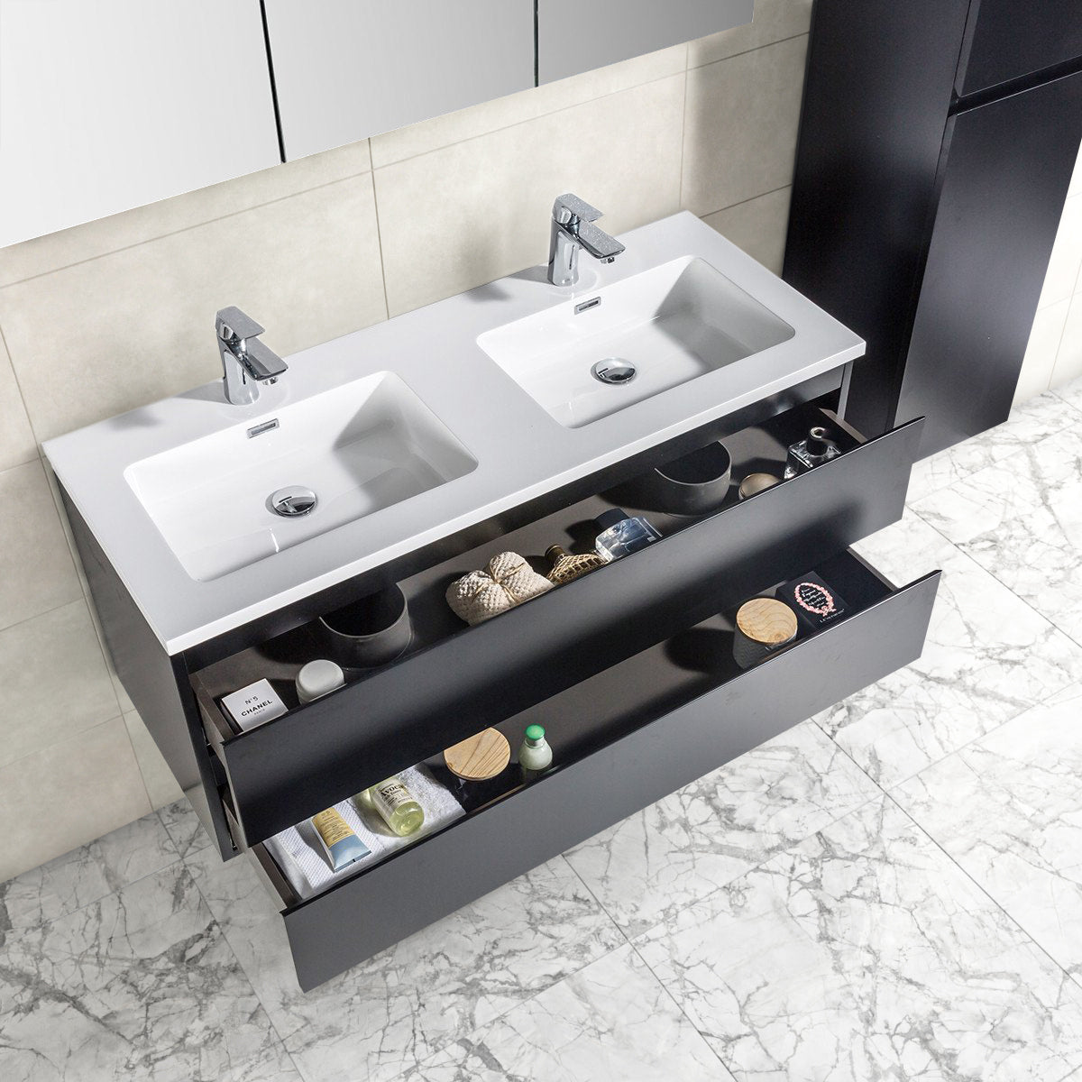 Badkamermeubel Tieme in mat zwart 120x50x48cm met witte wastafel