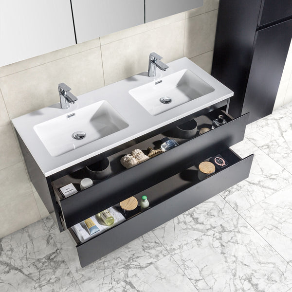 Badkamermeubel Tieme in mat zwart 120x50x48cm met witte wastafel