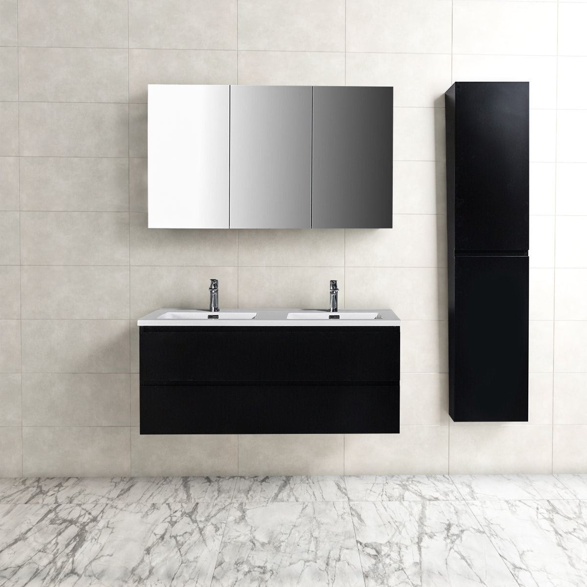 Badkamermeubel Tieme in mat zwart 120x50x48cm met witte wastafel
