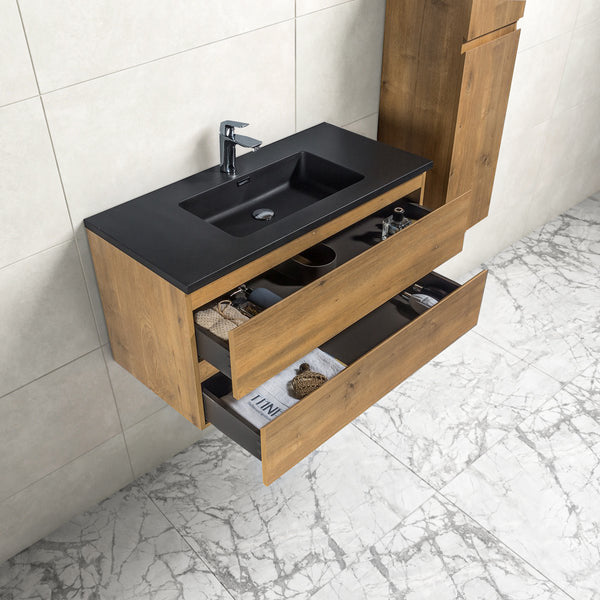 Badkamermeubel Tieme in mat eiken 100x50x48cm met zwarte wastafel