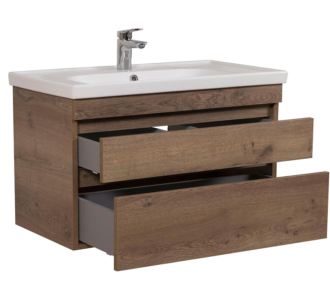 Badkamermeubel Finn 100x59x45cm Donker Eiken met keramische wastafel