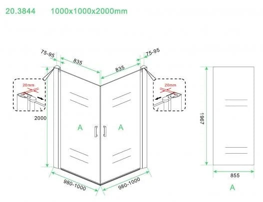 Wiesbaden Salone Douchecabine 100x100x200cm Chroom Vierkant Dubbele Draaideur 8 mm helder glas met nano-coating