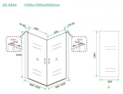 Wiesbaden Salone Douchecabine 100x100x200cm Chroom Vierkant Dubbele Draaideur 8 mm helder glas met nano-coating