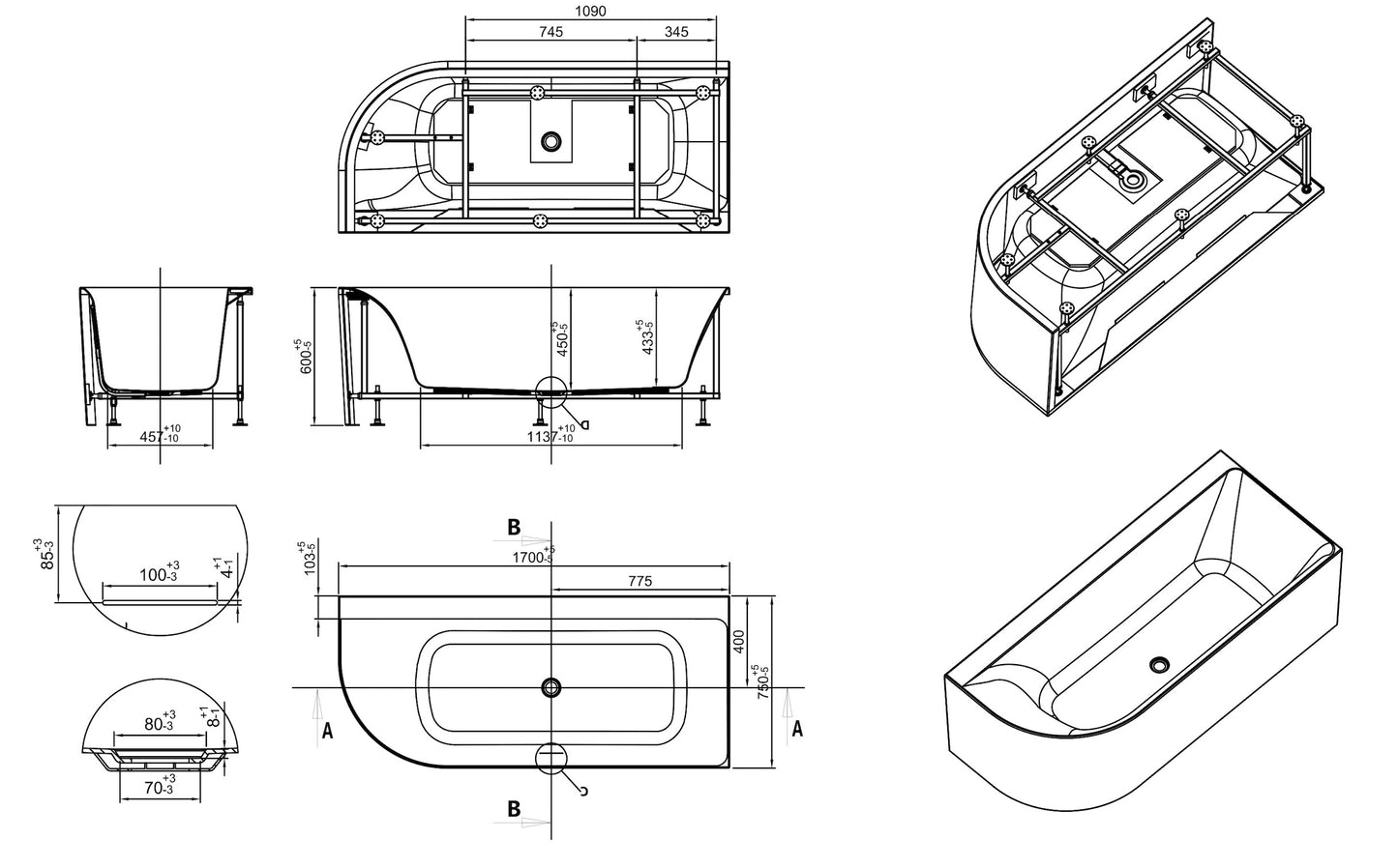 Wiesbaden Zenn hoekbad rechts 170 x 75 cm acryl glans wit met waste glans wit