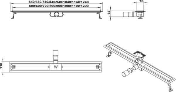 Wiesbaden RVS douchegoot+flens zonder rooster 110x7 (3e GEN.)