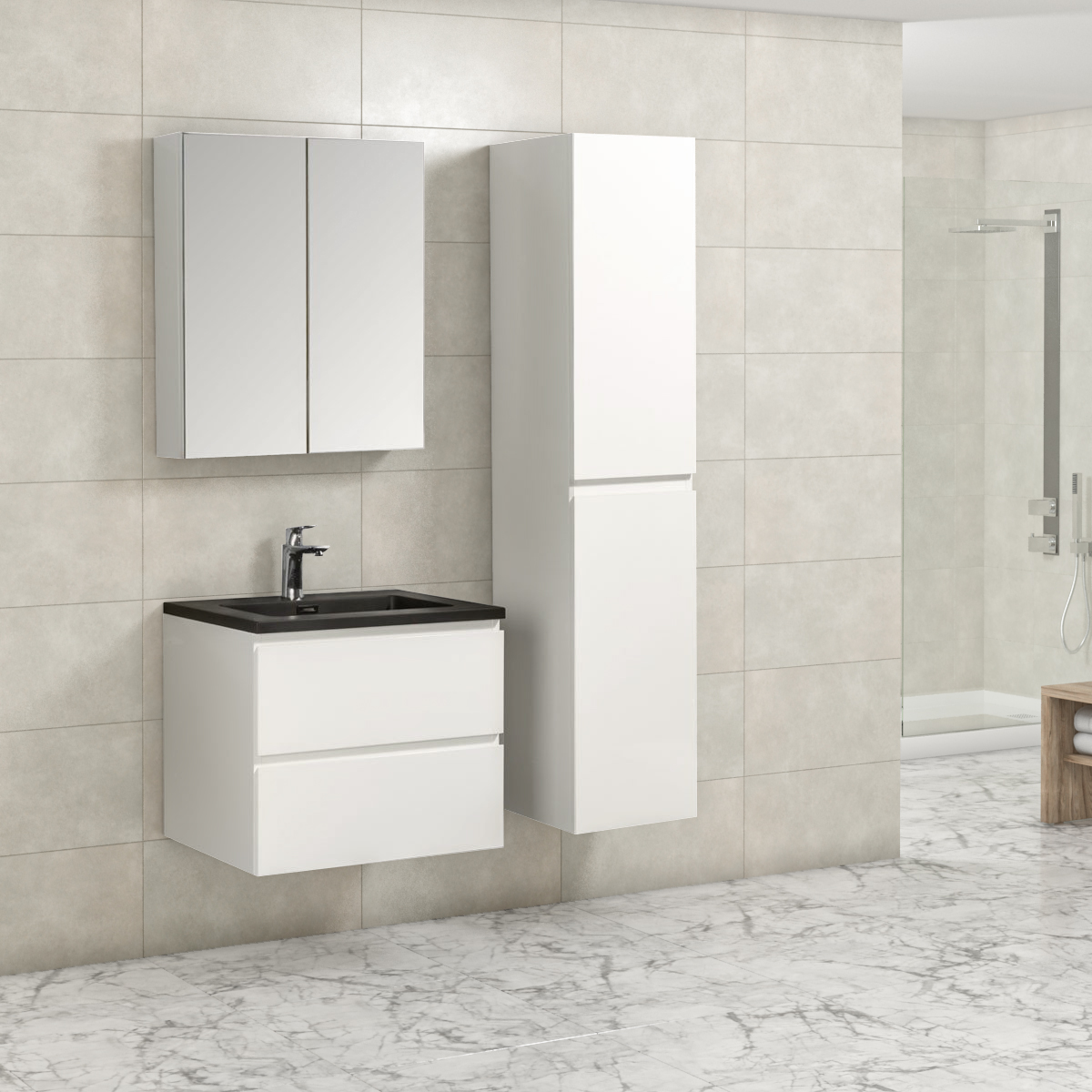 Badkamermeubel Tieme in hoogglans wit 60x50x48cm met zwarte wastafel Badkamermeubel Tieme in hoogglans wit 60x50x48cm met zwarte wastafel